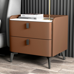 Modern Bedside Table with 2 Drawers Bedroom Bedside Table in Orange, Faux Marble Top - thumbnail 3