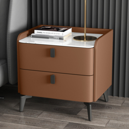 Modern Bedside Table with 2 Drawers Bedroom Bedside Table in Orange, Faux Marble Top