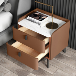 Modern Bedside Table with 2 Drawers Bedroom Bedside Table in Orange, Faux Marble Top - thumbnail 4