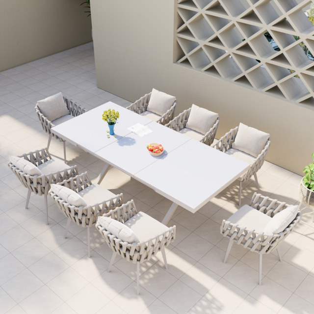 9-Piece Outdoor Extendable Dining Set with 8 Rope Weave Chairs (160 - 215 cm) in Grey - image 1