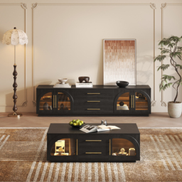 Arune 2032 mm Mid-Century Modern Black TV Stand Coffee Table Set with LED Lights and Arched Glass Cabinet Doors