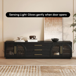 Arune 2032 mm Mid-Century Modern Black TV Stand Coffee Table Set with LED Lights and Arched Glass Cabinet Doors - thumbnail 3