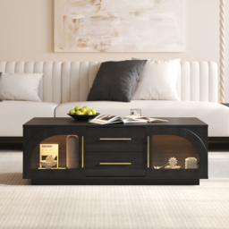 Arune 2032 mm Mid-Century Modern Black TV Stand Coffee Table Set with LED Lights and Arched Glass Cabinet Doors - thumbnail 7