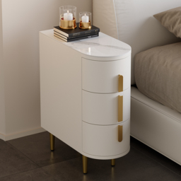 Modern Off-White Narrow 3 Drawer Bedside Table Sintered Stone Top Bedside Table - thumbnail 2