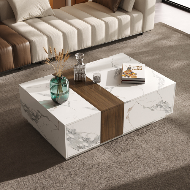 Vewal 1200mm Marble & Walnut Veneer Block Coffee Table with 2 Drawers - image 1