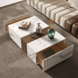 Vewal 1200mm Marble & Walnut Veneer Block Coffee Table with 2 Drawers - thumbnail 3