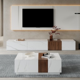 Vewal 1200mm Marble & Walnut Veneer Block Coffee Table with 2 Drawers - thumbnail 5