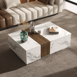 Vewal 1200mm Marble & Walnut Veneer Block Coffee Table with 2 Drawers - thumbnail 1