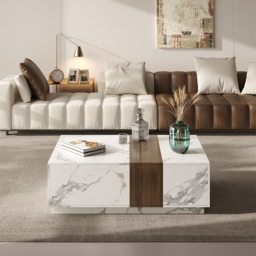 Vewal 1200mm Marble & Walnut Veneer Block Coffee Table with 2 Drawers - thumbnail 2
