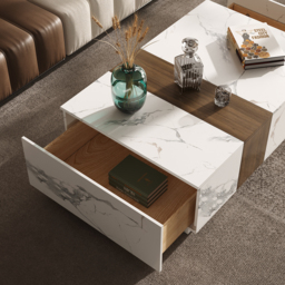 Vewal 1200mm Marble & Walnut Veneer Block Coffee Table with 2 Drawers - thumbnail 4