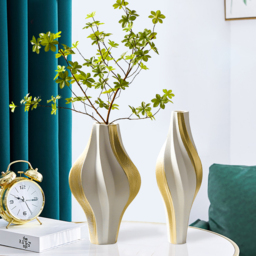 2 Pieces Modern Resin Curved Lines Flower Vase Set Sculpture Decor Art in White & Gold - thumbnail 2