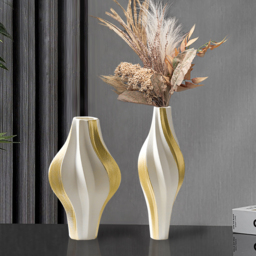 2 Pieces Modern Resin Curved Lines Flower Vase Set Sculpture Decor Art in White & Gold - thumbnail 1