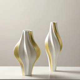2 Pieces Modern Resin Curved Lines Flower Vase Set Sculpture Decor Art in White & Gold - thumbnail 5