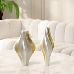 2 Pieces Modern Resin Curved Lines Flower Vase Set Sculpture Decor Art in White & Gold - thumbnail 6
