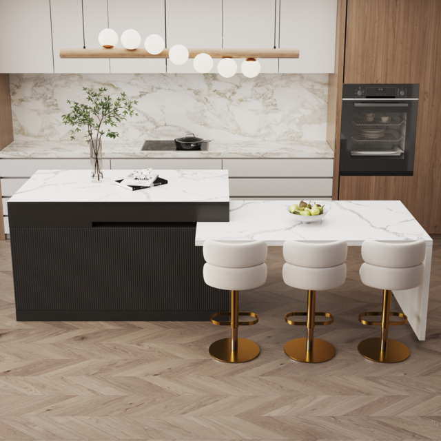 "81""-106"" Extendable Kitchen Island Sintered Stone Top with Doors & Drawers Black Modern" - image 1