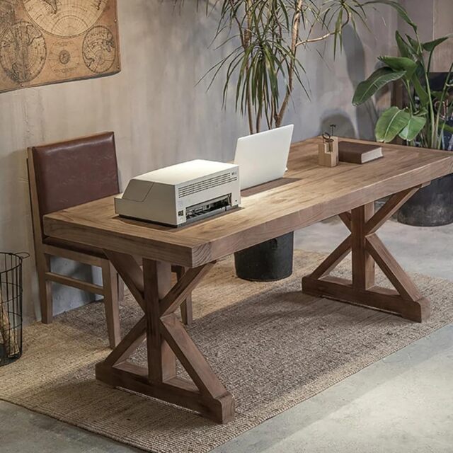 Vintage Style Pine wood Office Writing Desk with Trestle Leg in Natural Farmhouse Home Office Furniture Rectangular (150 cm) - image 1