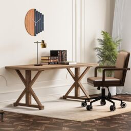 Vintage Style Pine wood Office Writing Desk with Trestle Leg in Natural Farmhouse Home Office Furniture Rectangular (150 cm) - thumbnail 5