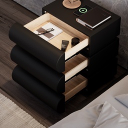 Modern Black Leather Smart Nightstand with Wireless Charger 3 Drawers Bedside Table with USB & Type-C Ports Set of 2 - thumbnail 5