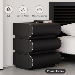 Modern Black Leather Smart Nightstand with Wireless Charger 3 Drawers Bedside Table with USB & Type-C Ports Set of 2 - thumbnail 8