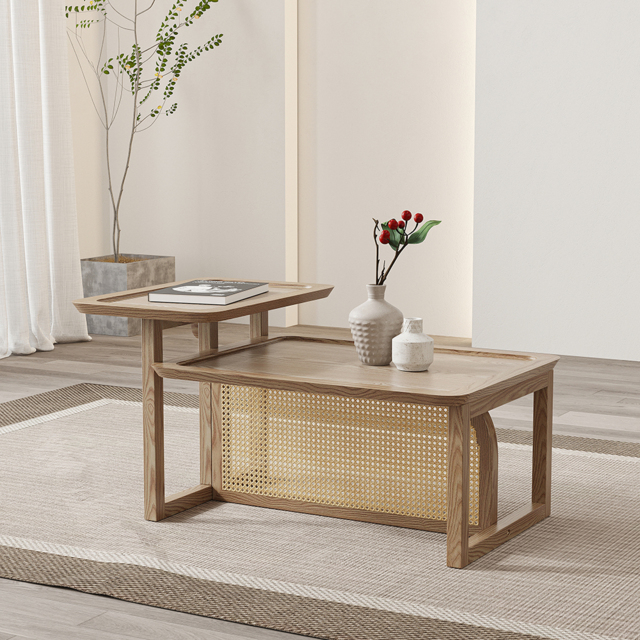 Modern 2 Piece Nesting Rattan Wood Coffee Table Set in Natural - image 1