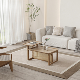 Modern 2 Piece Nesting Rattan Wood Coffee Table Set in Natural - thumbnail 5
