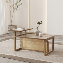 Modern 2 Piece Nesting Rattan Wood Coffee Table Set in Natural - thumbnail 1