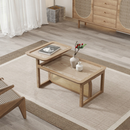 Modern 2 Piece Nesting Rattan Wood Coffee Table Set in Natural - thumbnail 2