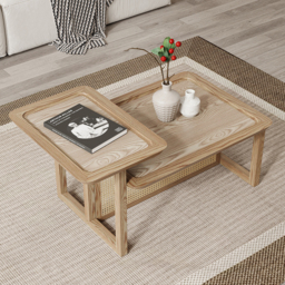Modern 2 Piece Nesting Rattan Wood Coffee Table Set in Natural - thumbnail 3