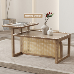 Modern 2 Piece Nesting Rattan Wood Coffee Table Set in Natural - thumbnail 7