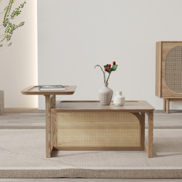 Modern 2 Piece Nesting Rattan Wood Coffee Table Set in Natural - thumbnail 4