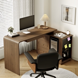 Krila Walnut L-Shaped Rotating Desk with Keyboard Tray & Storage - thumbnail 1