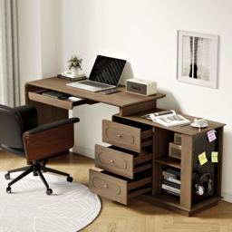 Krila Walnut L-Shaped Rotating Desk with Keyboard Tray & Storage - thumbnail 5