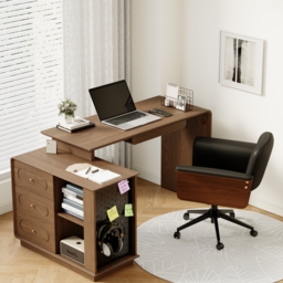 Krila Walnut L-Shaped Rotating Desk with Keyboard Tray & Storage - thumbnail 4