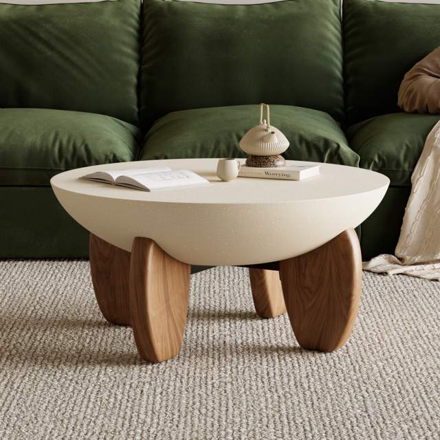 Curva Round Small Modern Beige & Walnut Coffee Table Concrete & Wood Accent Table - image 1