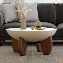 Round Small Modern Beige & Walnut Coffee Table Concrete & Wood Accent Table