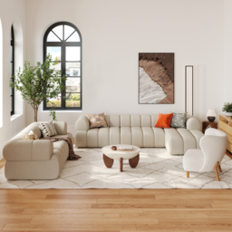 Curva Round Small Modern Beige & Walnut Coffee Table Concrete & Wood Accent Table - thumbnail 5