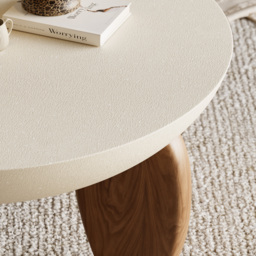 Curva Round Small Modern Beige & Walnut Coffee Table Concrete & Wood Accent Table - thumbnail 8