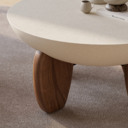 Curva Round Small Modern Beige & Walnut Coffee Table Concrete & Wood Accent Table - thumbnail 9