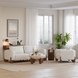 Curva Round Small Modern Beige & Walnut Coffee Table Concrete & Wood Accent Table - thumbnail 7
