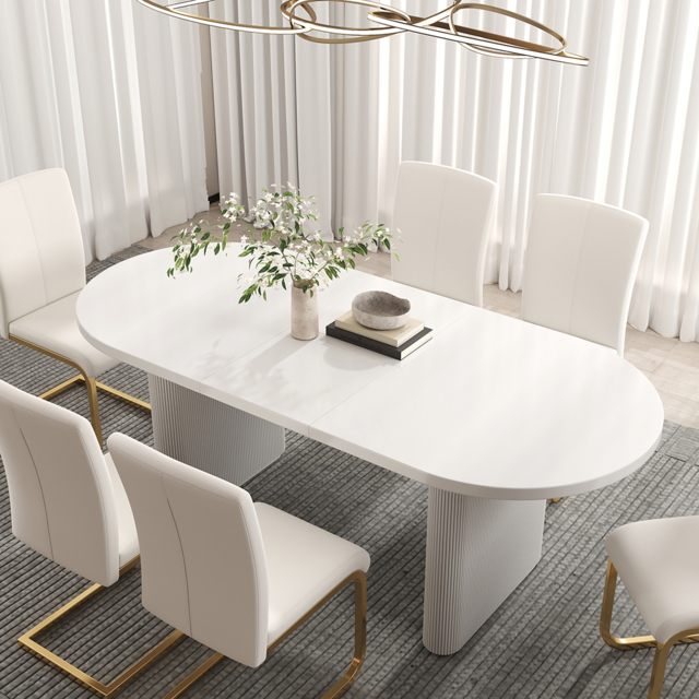 Japandi 1600mm-2000mm Oval Extendable White Dining Table & 4 White PU Leather Dining Chairs - image 1