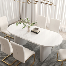 Japandi 1600mm-2000mm Oval Extendable White Dining Table & 4 White PU Leather Dining Chairs
