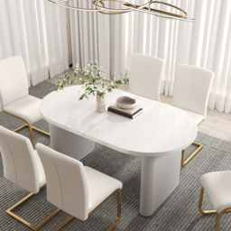 Japandi 1600mm-2000mm Oval Extendable White Dining Table & 4 White PU Leather Dining Chairs - thumbnail 2