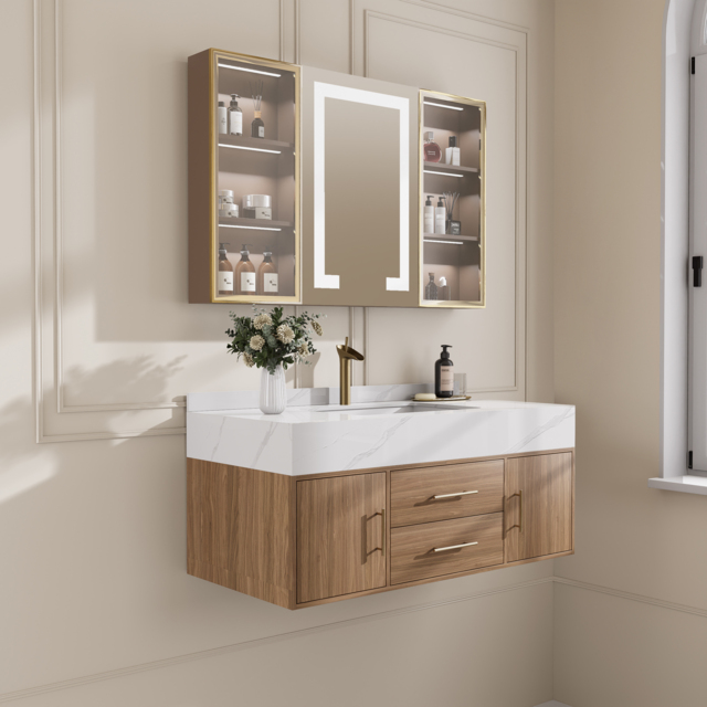 1000mm Floating Ceramic Sink & Stone Top in Walnut & Bathroom Cabinet Vanity - image 1