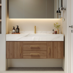 1000mm Floating Ceramic Sink & Stone Top in Walnut & Bathroom Cabinet Vanity - thumbnail 3