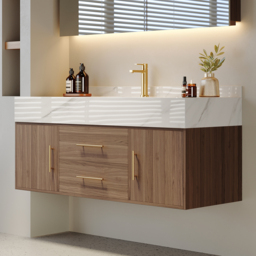 1000mm Floating Ceramic Sink & Stone Top in Walnut & Bathroom Cabinet Vanity - thumbnail 4