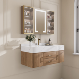 1000mm Floating Ceramic Sink & Stone Top in Walnut & Bathroom Cabinet Vanity - thumbnail 1