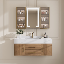 1000mm Floating Ceramic Sink & Stone Top in Walnut & Bathroom Cabinet Vanity - thumbnail 2
