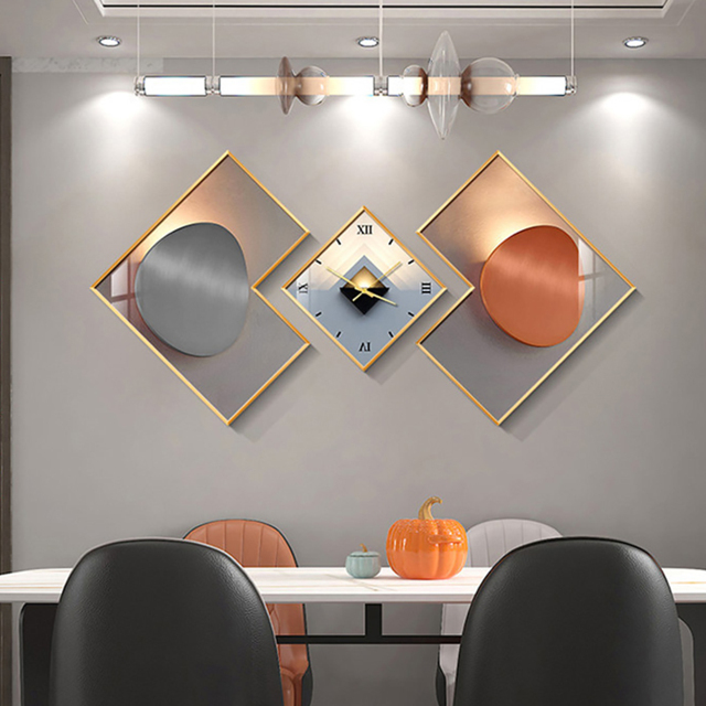 3Pcs Modern Geometric Wall Clock Decor Set Canvas Painting Wall Clocks with Gold Frame - image 1