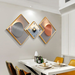 3Pcs Modern Geometric Wall Clock Decor Set Canvas Painting Wall Clocks with Gold Frame - thumbnail 4