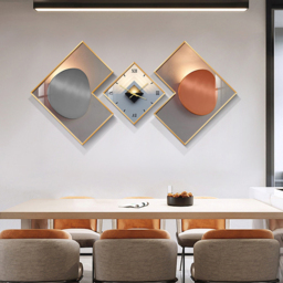 3Pcs Modern Geometric Wall Clock Decor Set Canvas Painting Wall Clocks with Gold Frame - thumbnail 3